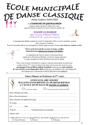 Feuille d'incription danse classique 2024 2025